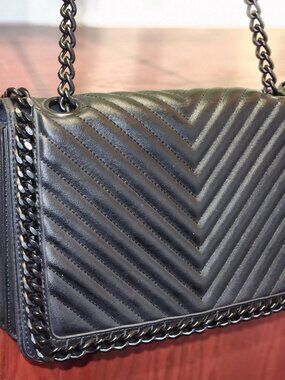 Aldo Greenwald Black Chevron Quilted Crossbody Bag with Chain Strap